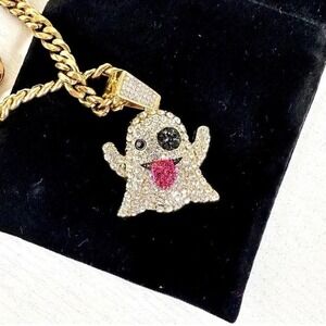 Crystal Ghost Pendant Necklace Jewelry Gold Colored Chain Whimsical Rhinestone